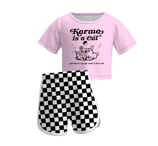 Baby Girls Cat Short Sleeve Top Black Checkered Shorts Clothes Sets preorder (moq 5)