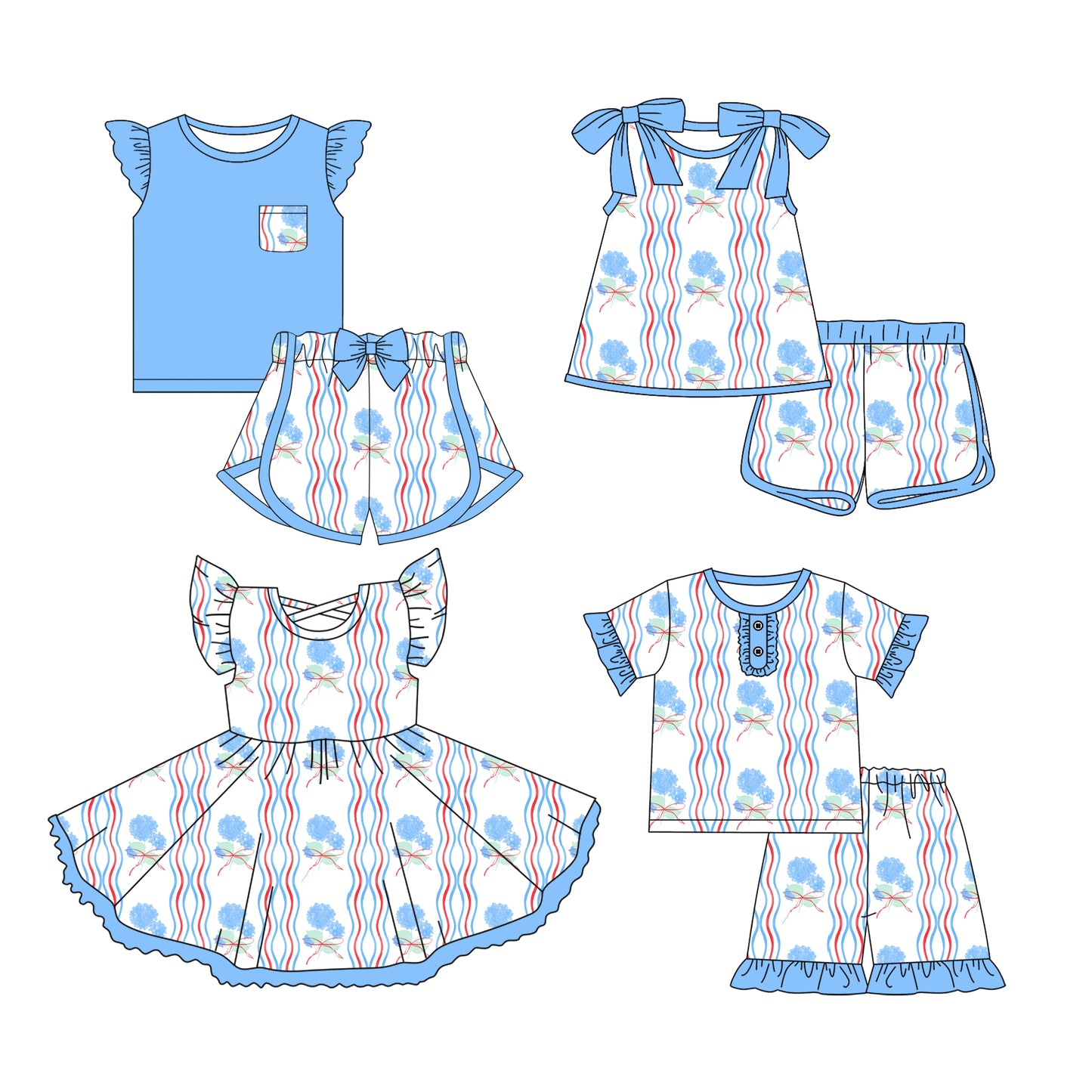 Preorder moq 5 Custom Baby Girls Blue Flowers Bows Stripe Top Short Sets Knee Length Dresses