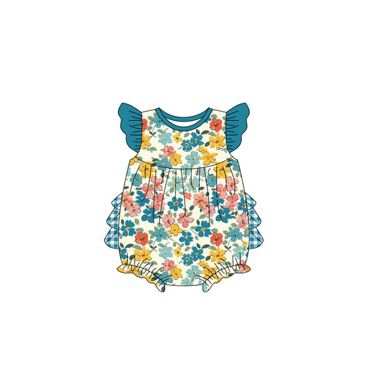Preorder(moq 5)Baby Infant Girls Dark Green Flowers Spring Ruffles Rompers
