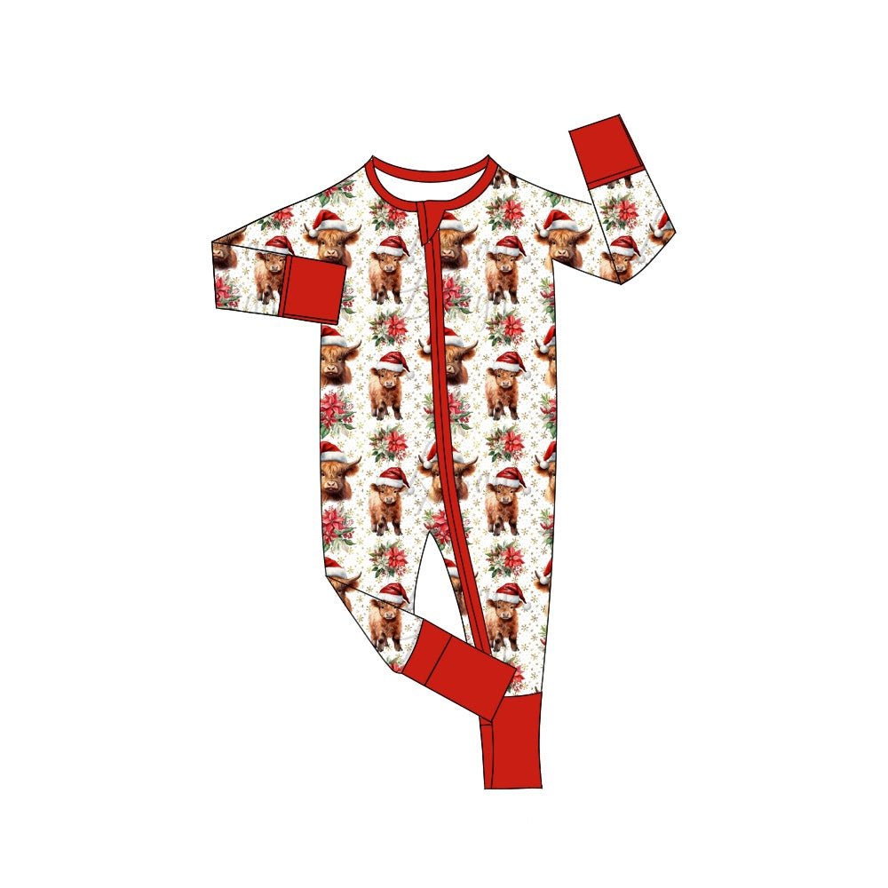 Baby Boys Christmas Highland Cow Zip Long Sleeve Rompers Preorder(moq 5)