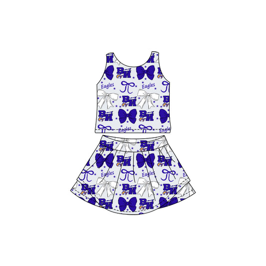 Preorder (moq 5)Baby Girls Blue Bows Eagle team Top Skirt Skort Sets