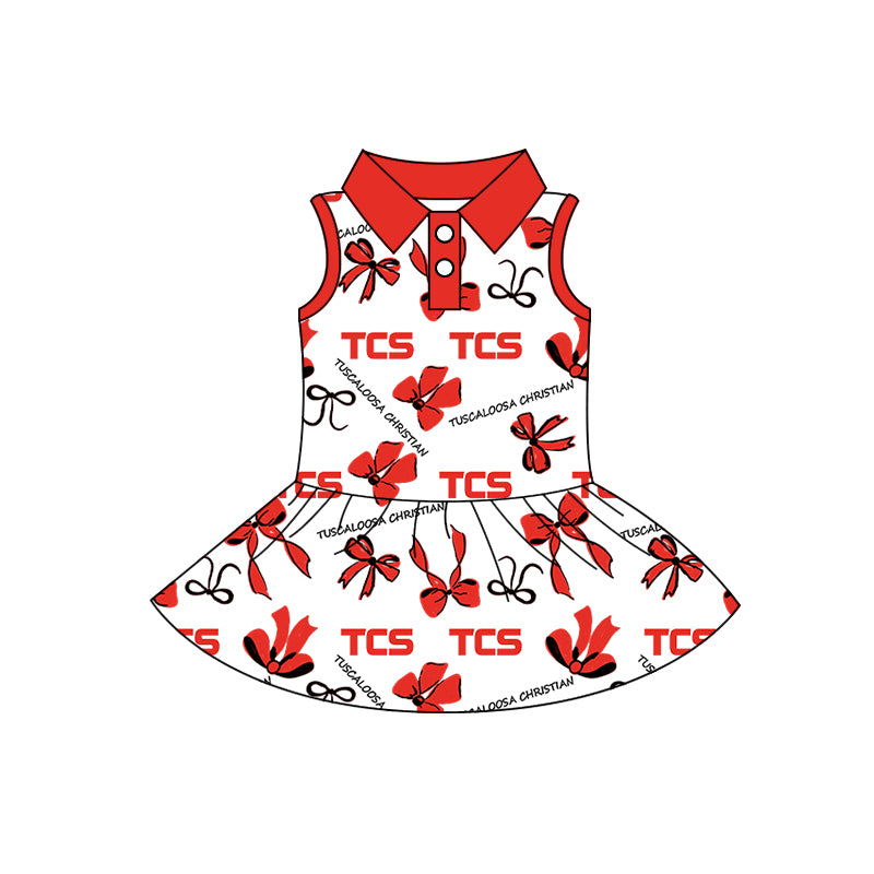 Preorder (moq 5)Baby Girls Sleeveless Red Bows TCS Button Team Knee Length Dresses
