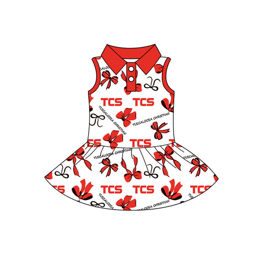 Preorder (moq 5)Baby Girls Sleeveless Red Bows TCS Button Team Knee Length Dresses