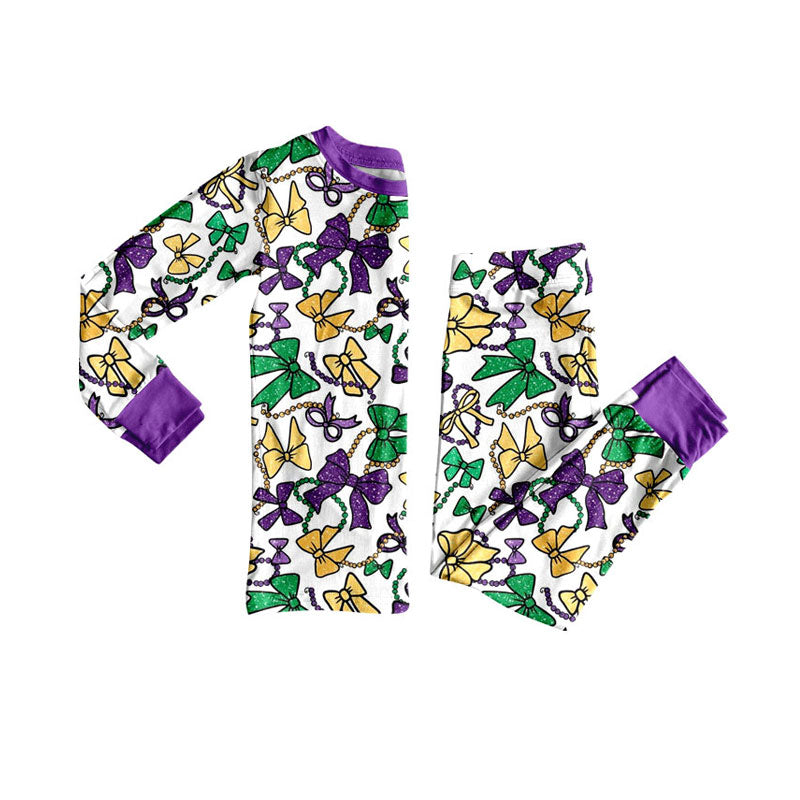 Preorder (moq 5)Baby Girls Purple Yellow Green Bows Top Pants Mardigras Pajamas Sets