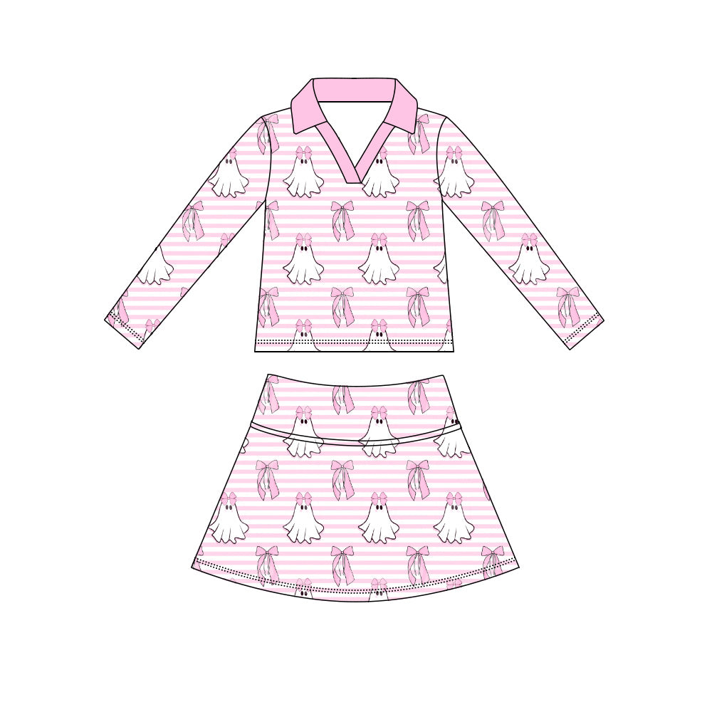 Preorder (moq 5)Baby Girls Pink Stripe Ghosts Top Skirt Shorts Halloween Clothes Sets