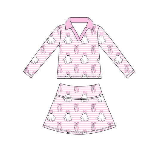 Preorder (moq 5)Baby Girls Pink Stripe Ghosts Top Skirt Shorts Halloween Clothes Sets