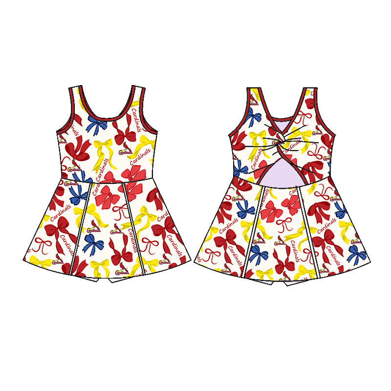 Preorder (moq 5)Baby Girls Sleeveless Red Yellow Bows Plaid Cardinals Short Team Knee Length Dresses