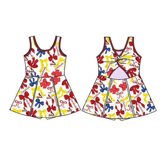 Preorder (moq 5)Baby Girls Sleeveless Red Yellow Bows Plaid Cardinals Short Team Knee Length Dresses