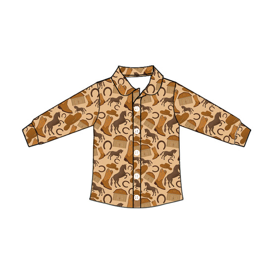 Preorder moq 10 Baby Boys Khaki Long Sleeves Horse Boots Button Shirts Top