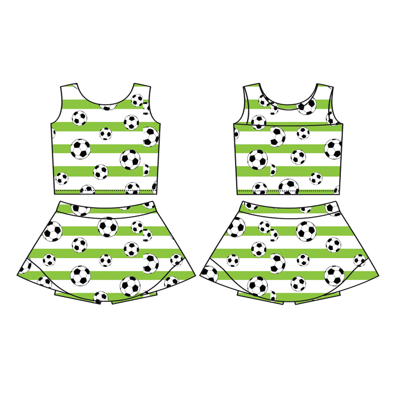 Preorder (moq 5)Baby Girls Green Stripe Footballs Vest Top Skirt Shorts Team Clothes Sets