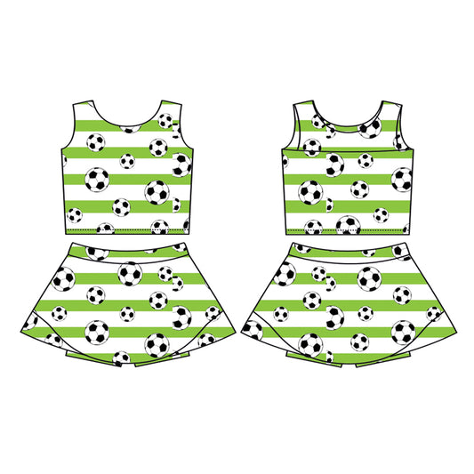 Preorder (moq 5)Baby Girls Green Stripe Footballs Vest Top Skirt Shorts Team Clothes Sets