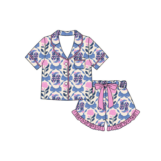 Preorder moq 5 Baby Girls Boots Flowers Bows Button Pocket Top Ruffle Shorts Western Pajamas Sets