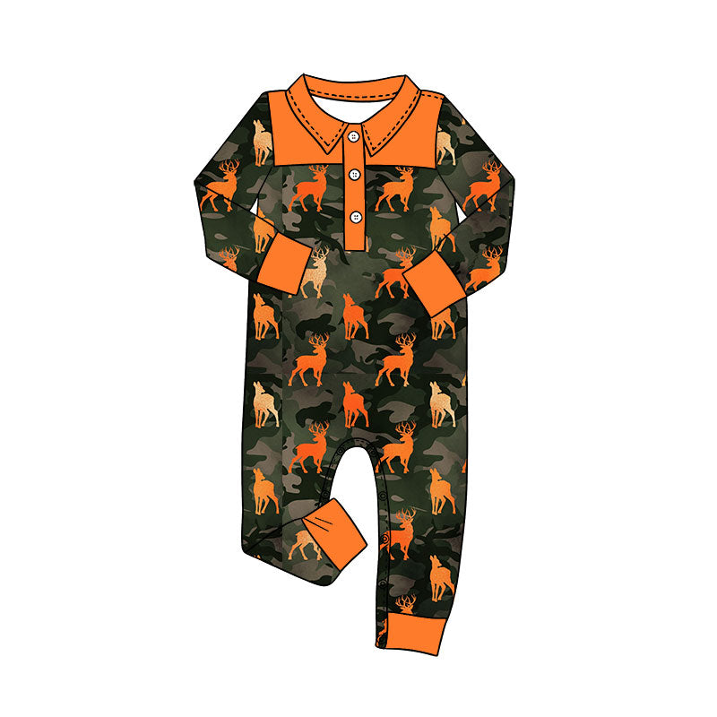 Preorder (moq 5)Baby Boys Long Sleeve Black Camo Deer Button Hunting Rompers