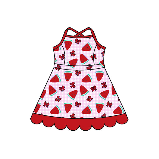 Preorder (moq 5)Baby Girls Strap Red Bows Checked Watermelon Scallop Knee Length Dress