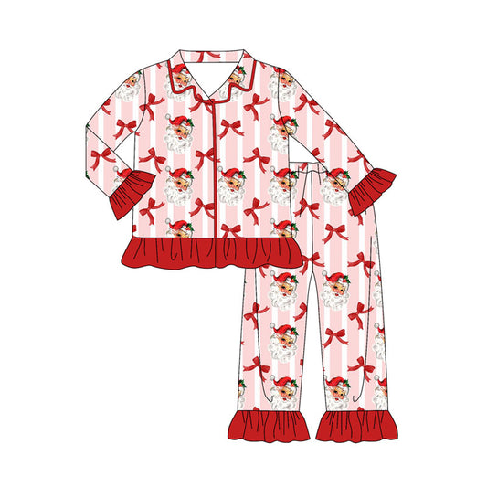 Preorder(moq 8)Baby Girls Bows Santa Stripe Button Top Ruffle Pants Christmas Pajamas Sets