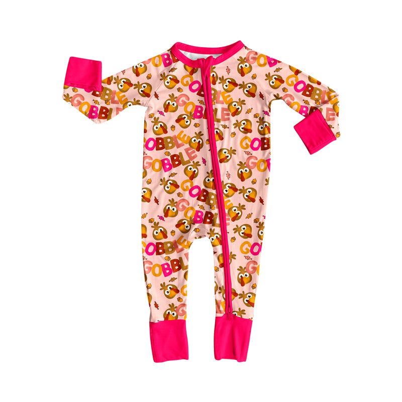Preorder (moq 5)Baby Girls Pink Long Sleeves Turkey Gobble Plaid Zipper Romper