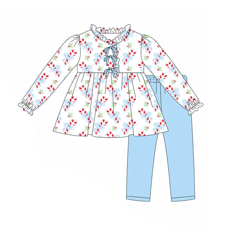 preorder(moq 5) Baby Girls Long Sleeves Blue Candy Cane Holly Tunic Legging Pants Set