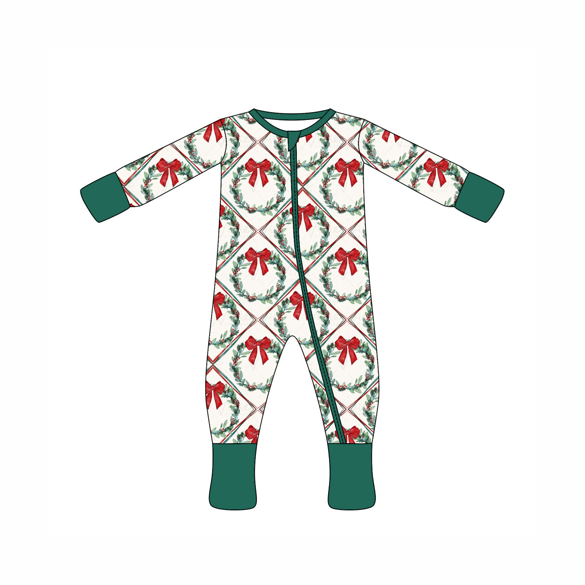 Preorder moq 10 Baby Kids Green Long Sleeves Bows Plaid Zipper Pant Rompers