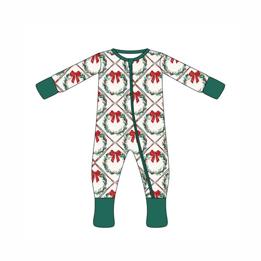 Preorder moq 10 Baby Kids Green Long Sleeves Bows Plaid Zipper Pant Rompers