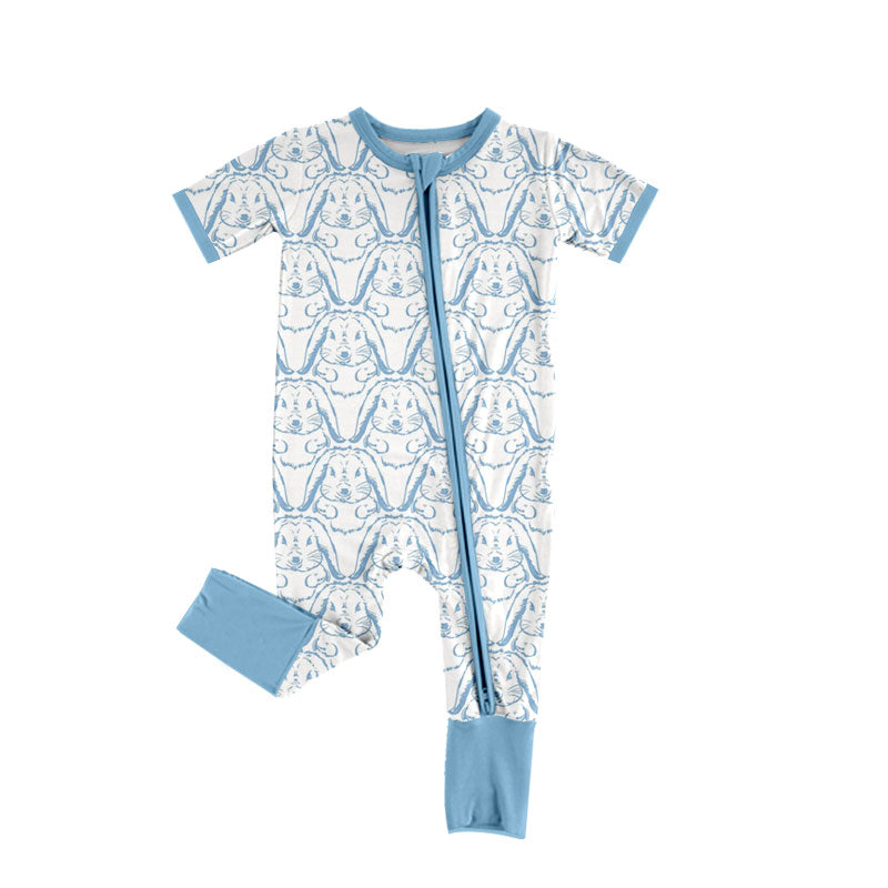 Preorder (moq 5) Baby Boys Blue Rabbits Plaid Easter Two Way Zip Convertible Rompers
