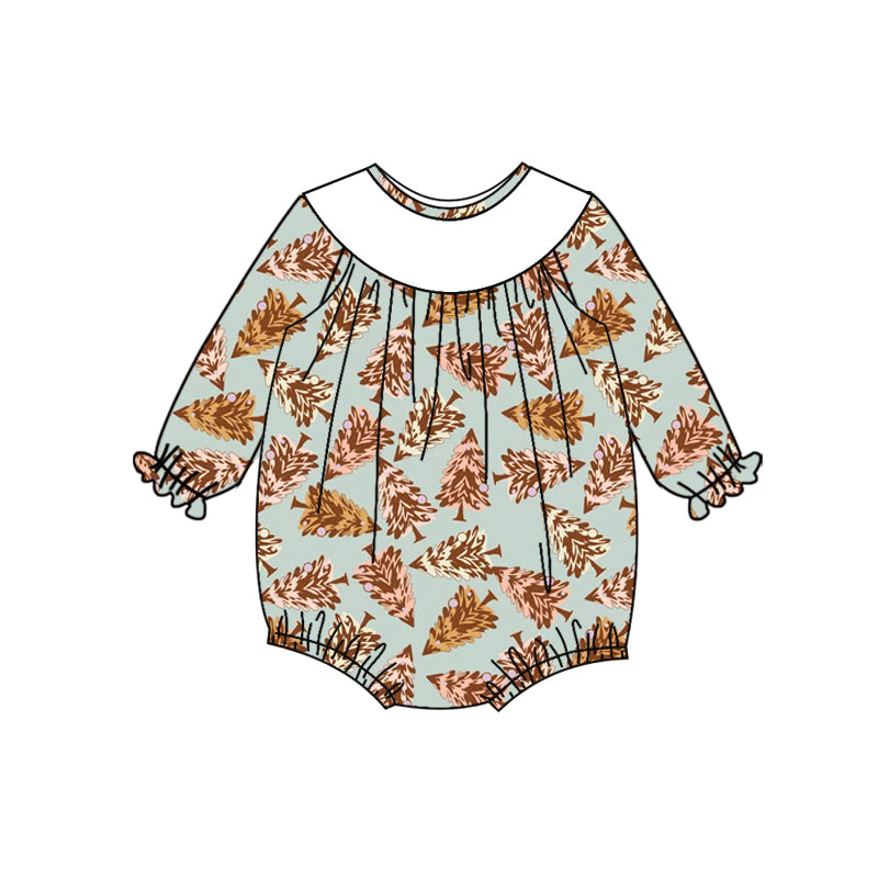 Preorder (moq 5)Baby Girls Blue Long Sleeves Trees Plaid Ruffle Romper