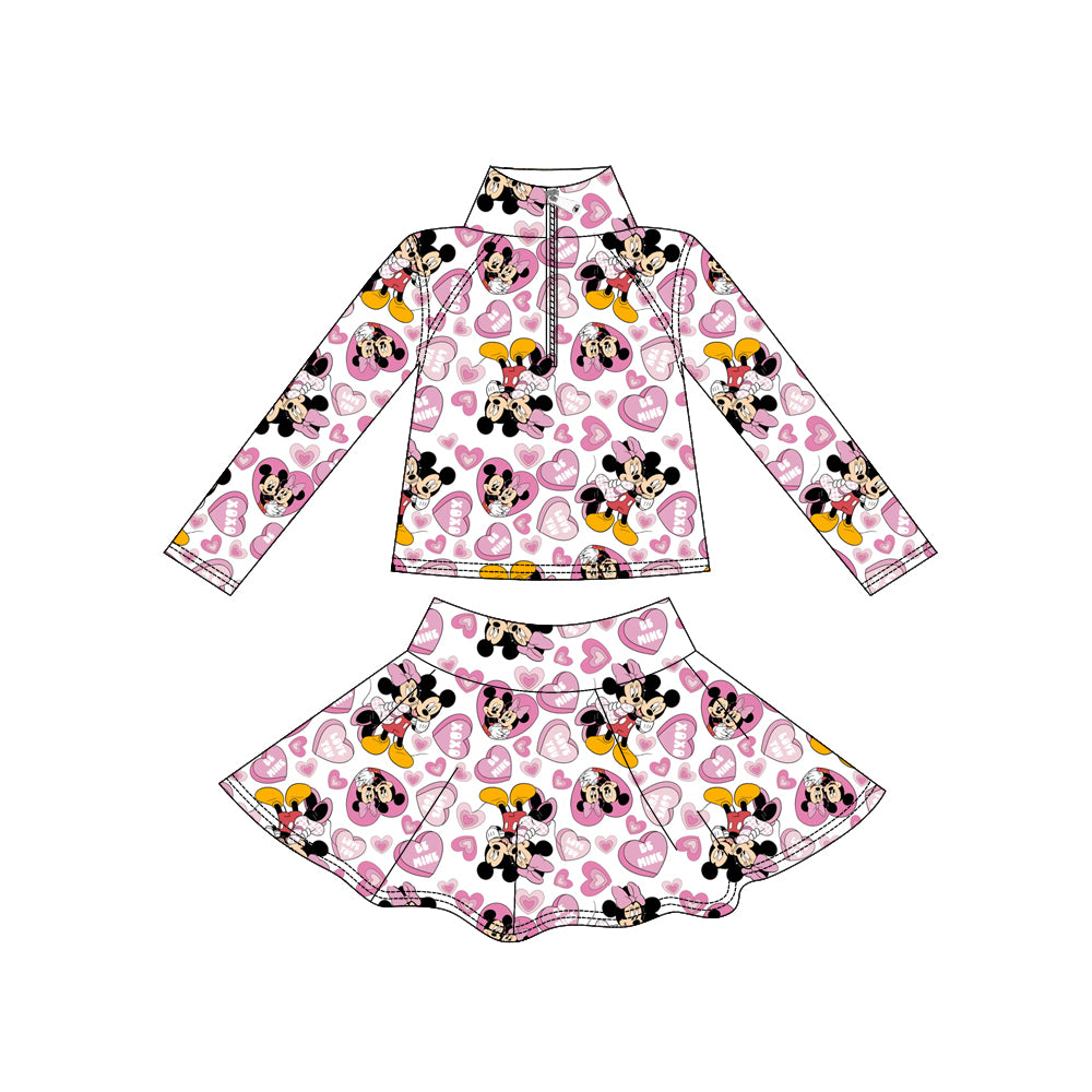 Preorder (moq 5)Baby Girls Long Sleeve Cartoon Hearts Zip Pullover Skorts Yoga Clothes Sets