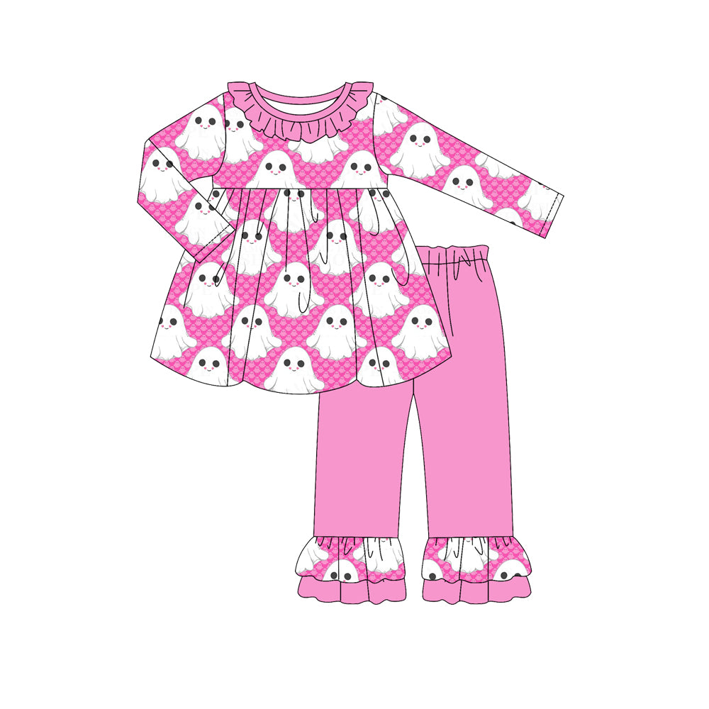 Preorder (moq 5)Baby Girls Long Sleeves Pink Plaid Ghosts Tunic Ruffle Pant Sets
