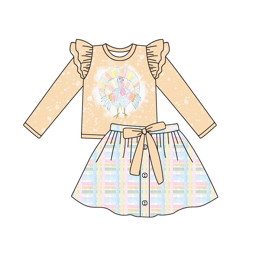 Preorder (moq 5)Baby Girls Yellow Long Sleeves Turkey Top Plaid Button Skirts Set
