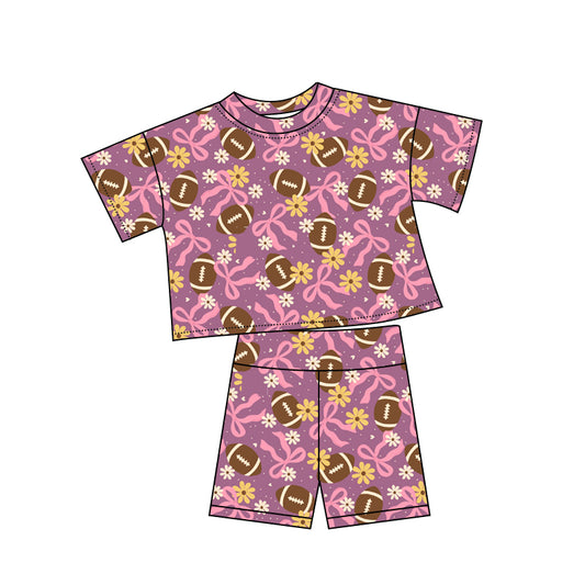 Preorder (moq 5)Baby Girls Pink Bows Footballs Flowers Top Shorts Team Clothes Sets