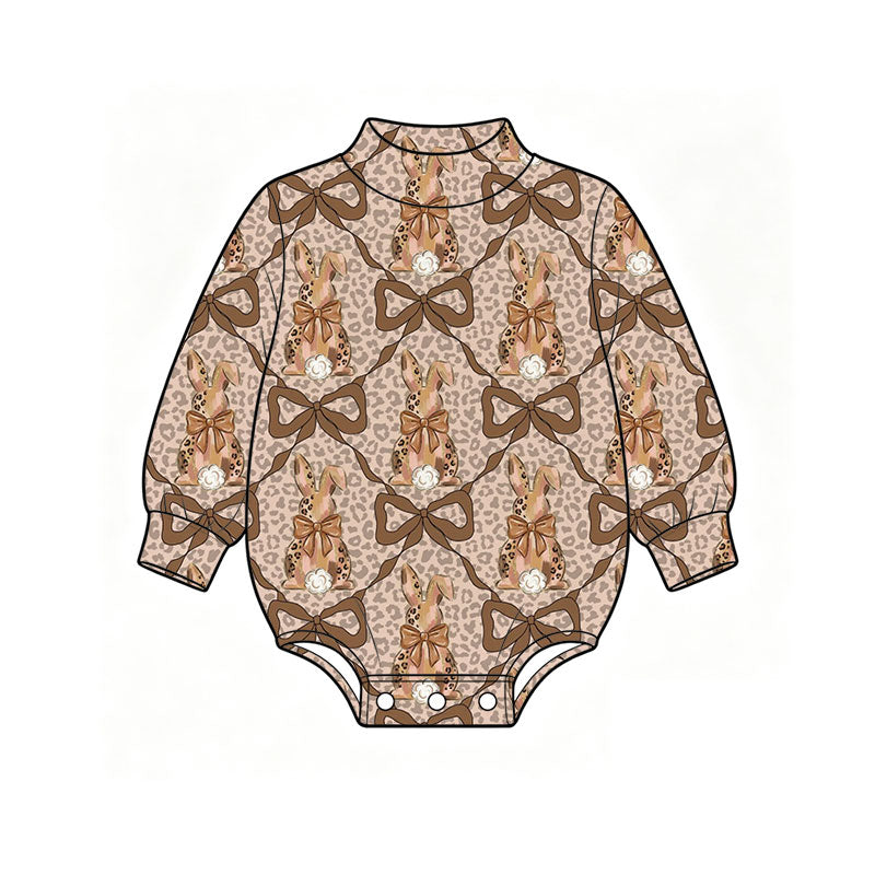 Preorder (moq 5) Baby Girl Clothes Leopard Background Bunny Big Bow Pearl Print Long Sleeve Mock Neck Baby Bodysuit