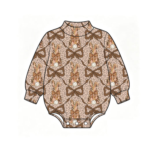 Preorder (moq 5) Baby Girl Clothes Leopard Background Bunny Big Bow Pearl Print Long Sleeve Mock Neck Baby Bodysuit