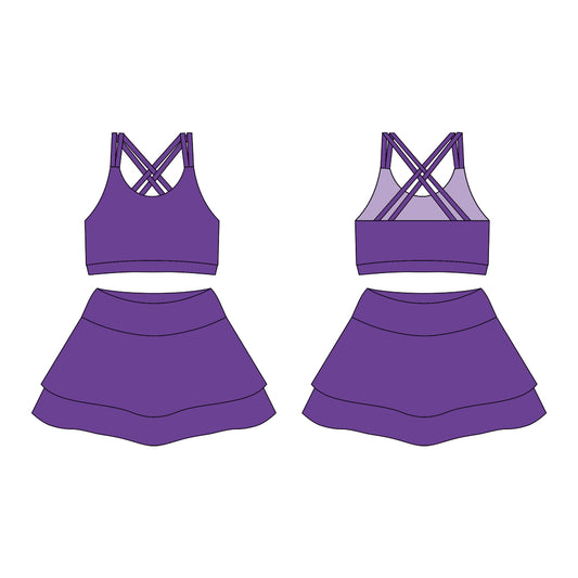 Preorder moq 10 Baby Girls Purple Strap Activity Wear Vests Top Short Skirts Yoga Set