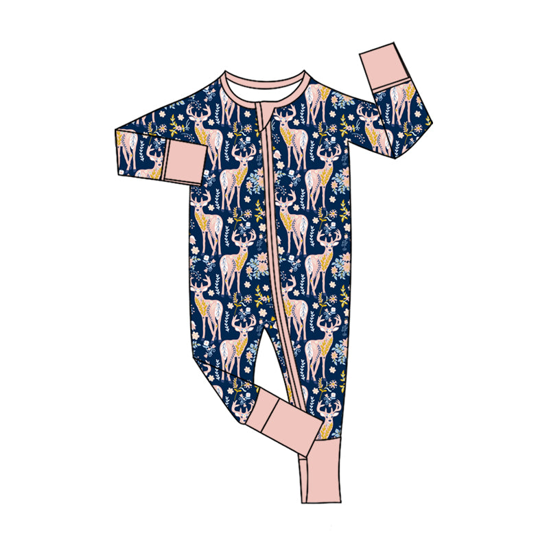 Preorder (moq 5)Baby Girls Flowers Deer Two Way Zip Convertible Hunting Rompers