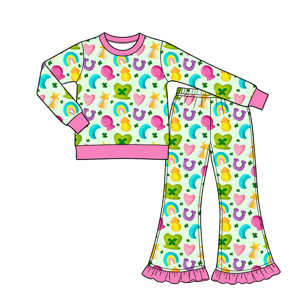 Preorder (moq 5) Baby Girl Clothes St Patrick Rainbow Horseshoe Heart Allover Print Long Sleeve Top Ruffle Flare Pant Set