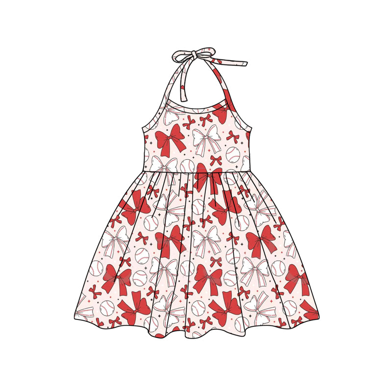 Preorder (moq 5)Baby Girls Baseball Red Halter Bows Knee Length Dresses