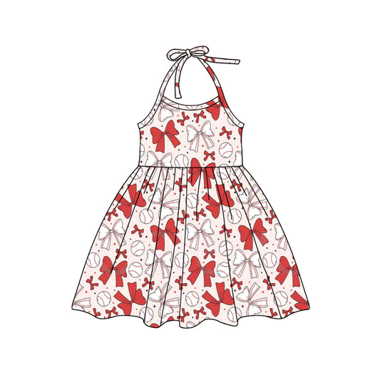 Preorder (moq 5)Baby Girls Baseball Red Halter Bows Knee Length Dresses