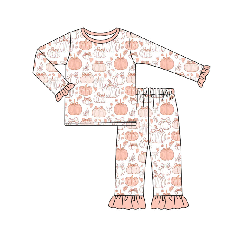 Preorder (moq 5)Baby Girls Long Ruffle Sleeves Pink Bows Pumpkins Top Pant Pajamas Set