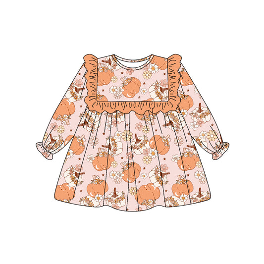 Preorder (moq 5)Baby Girls Pink Long Ruffle Sleeves Flowers Pumpkins Knee Length Dresses