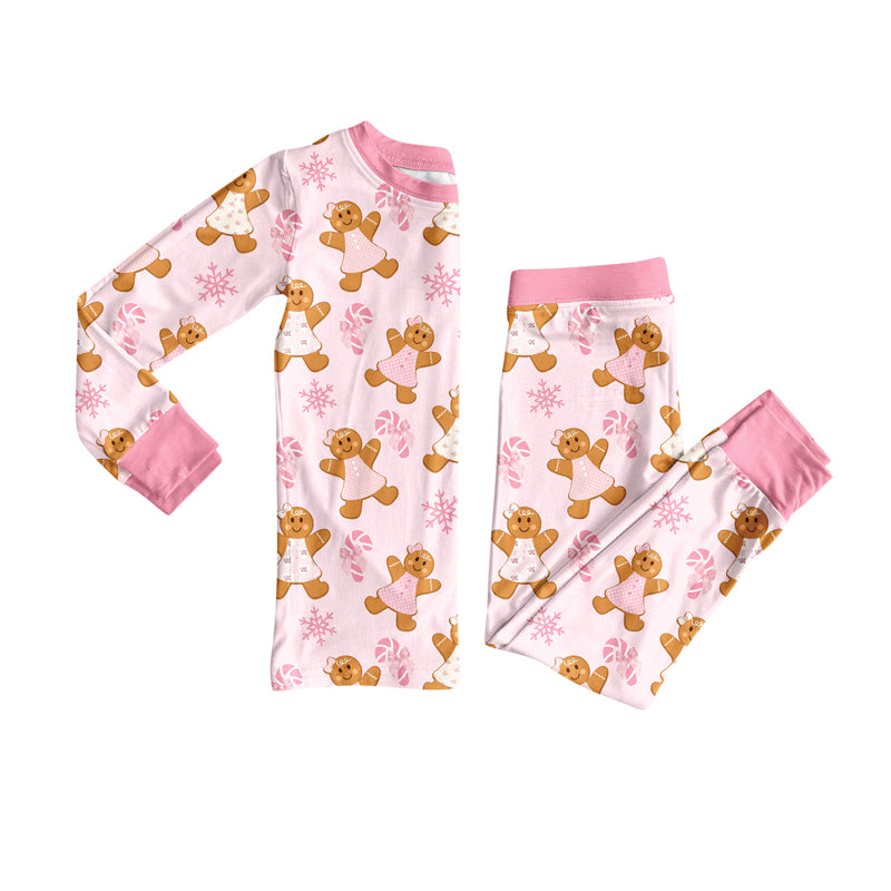 Preorder (moq 5)Baby Girls Long Sleeves Pink Bows Gingerbread Top Pant Pajamas Clothes Set