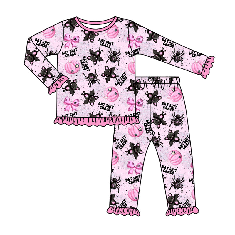 Preorder(moq 5) Baby Girls Long Ruffle Sleeves Bat Pumpkins Plaid Top Pants Pajamas Set