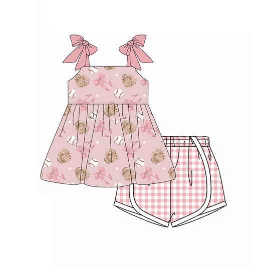 Preorder moq 5 Baby Girls Pink Strap Bows Baseballs Tunic Plaid Short Set