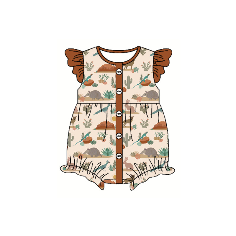 Preorder moq 5 Baby Girls Brown Flutter Sleeves Button Cactus Western Ruffle Rompers