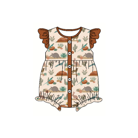 Preorder moq 5 Baby Girls Brown Flutter Sleeves Button Cactus Western Ruffle Rompers