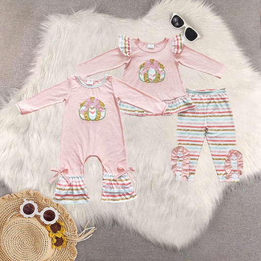 Sibling Baby Girls Light Pink Long Sleeves Floral Pumpkin Tunic Stripe Pant Sets Romper