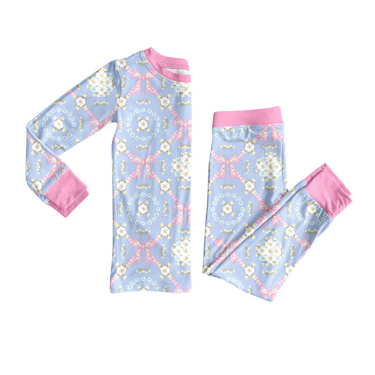Preorder (moq 5)Baby Girls Light Blue Flower Bows Top Pants Pajamas Set