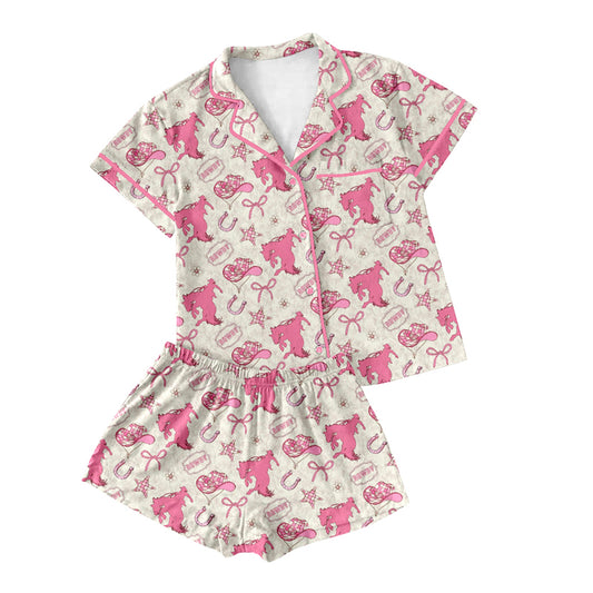 Preorder(moq 5)Adult Women Pink Short Sleeves Button Pocket Horse Rodeos Bows Top Short Pajamas Set