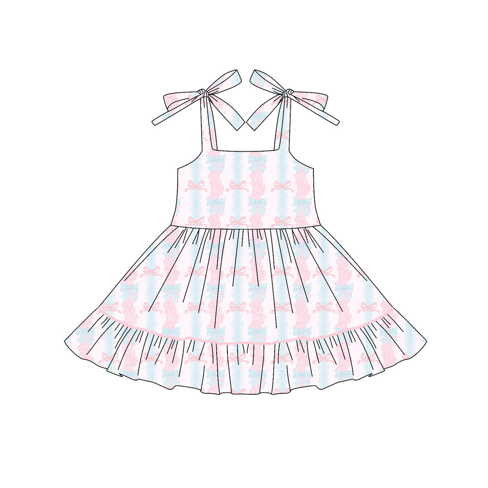 Preorder (moq 5)Baby Girls Bows Strap Pink Bows Floral Stripe Ruffle Knee Length Dresses