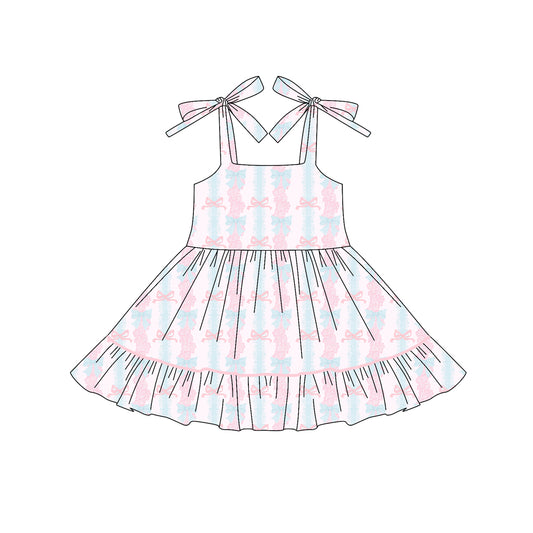 Preorder (moq 5)Baby Girls Bows Strap Pink Bows Floral Stripe Ruffle Knee Length Dresses