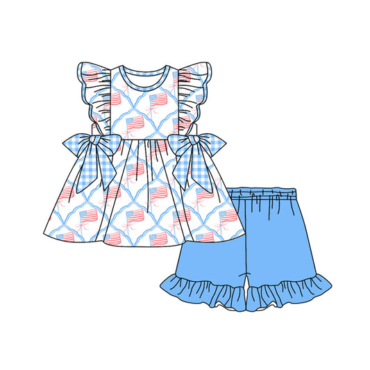 Preorder moq 5 Baby Girls Flutter Sleeves Flags Bows Tunic Blue Ruffle Short 4th Of July Set
