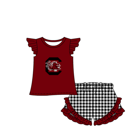 Preorder (moq 5)Baby Girls South Carolina Top Checked Ruffle Short Team Clothes Set